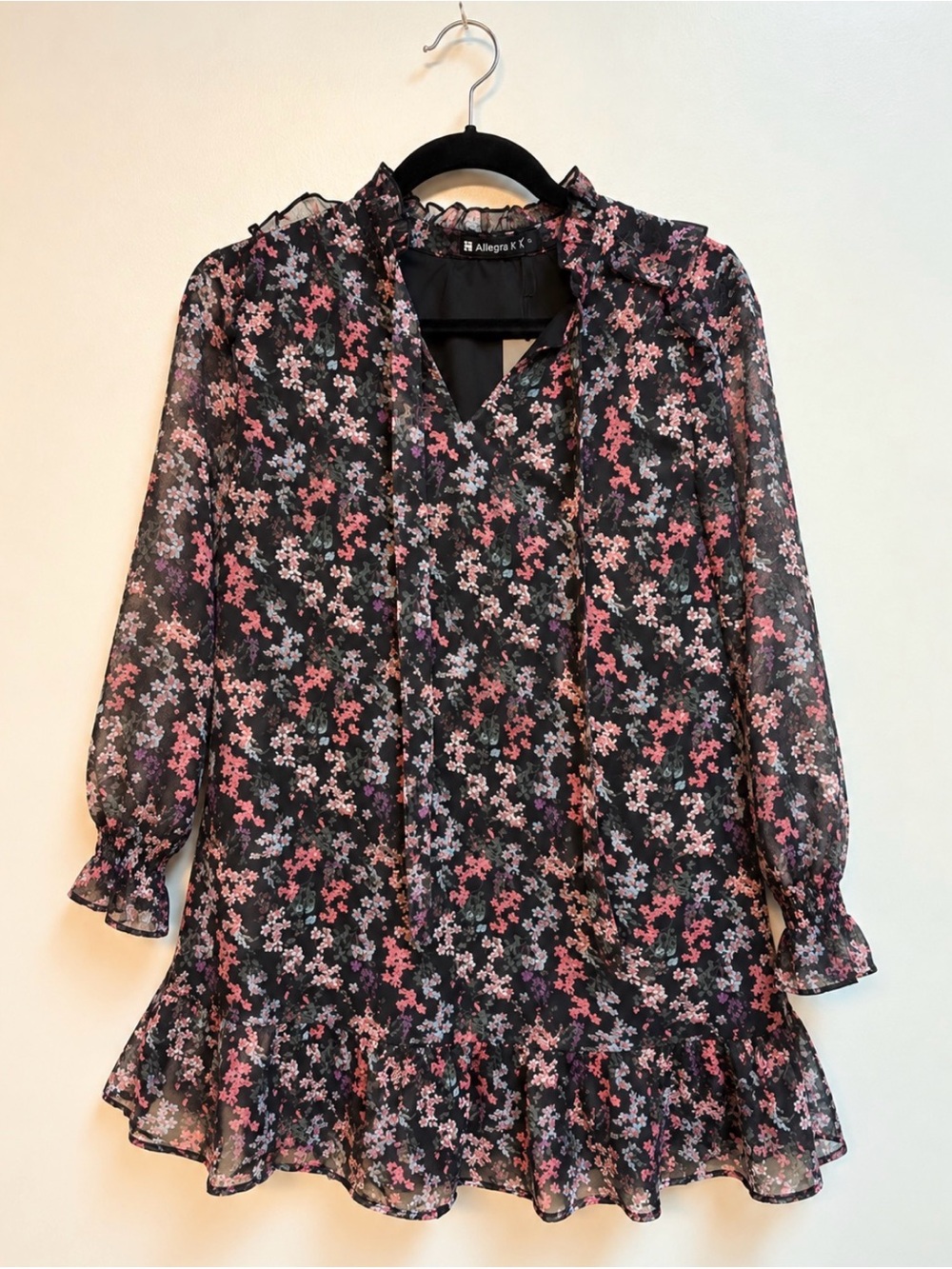 NWT Allegra K Black Pink Floral Sheer Long Sleeve Ruffle Dress